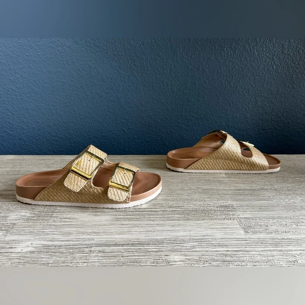 NWOT!!! Madden Girl Tan Slide Sandals with Gold Buckles - Picture 3 of 6